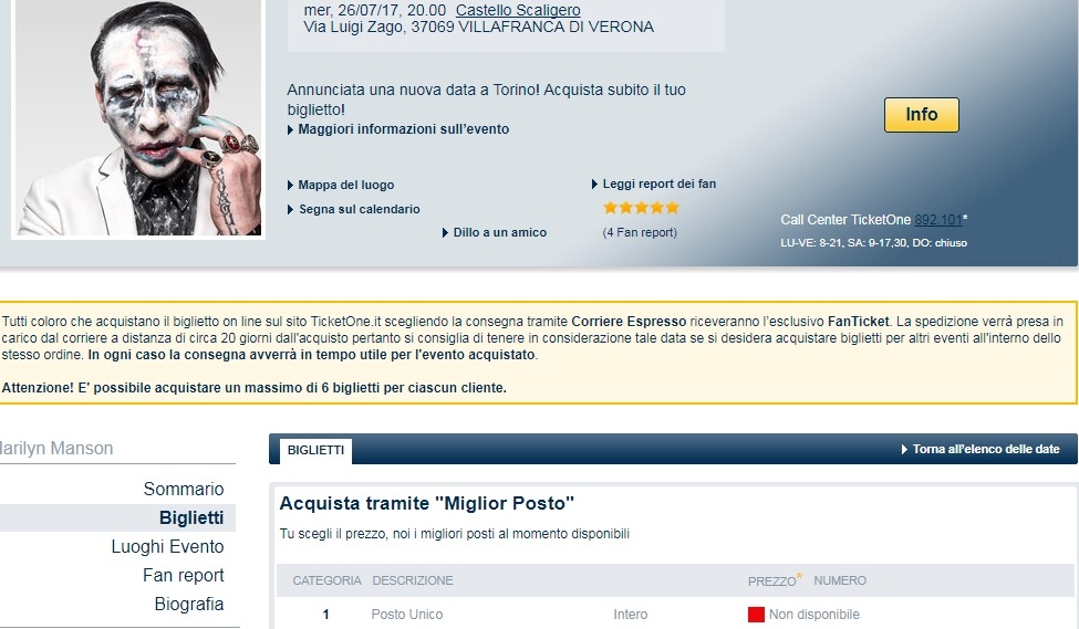 Marilyn Manson, Villafranca è sold out