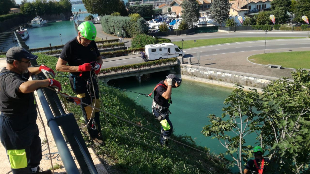 Muniti di caschetti e attrezzi, gli uomini della Protezione Civile di Peschiera del Garda hanno tagliato i rami che si sono insediati nelle mura veneziane.