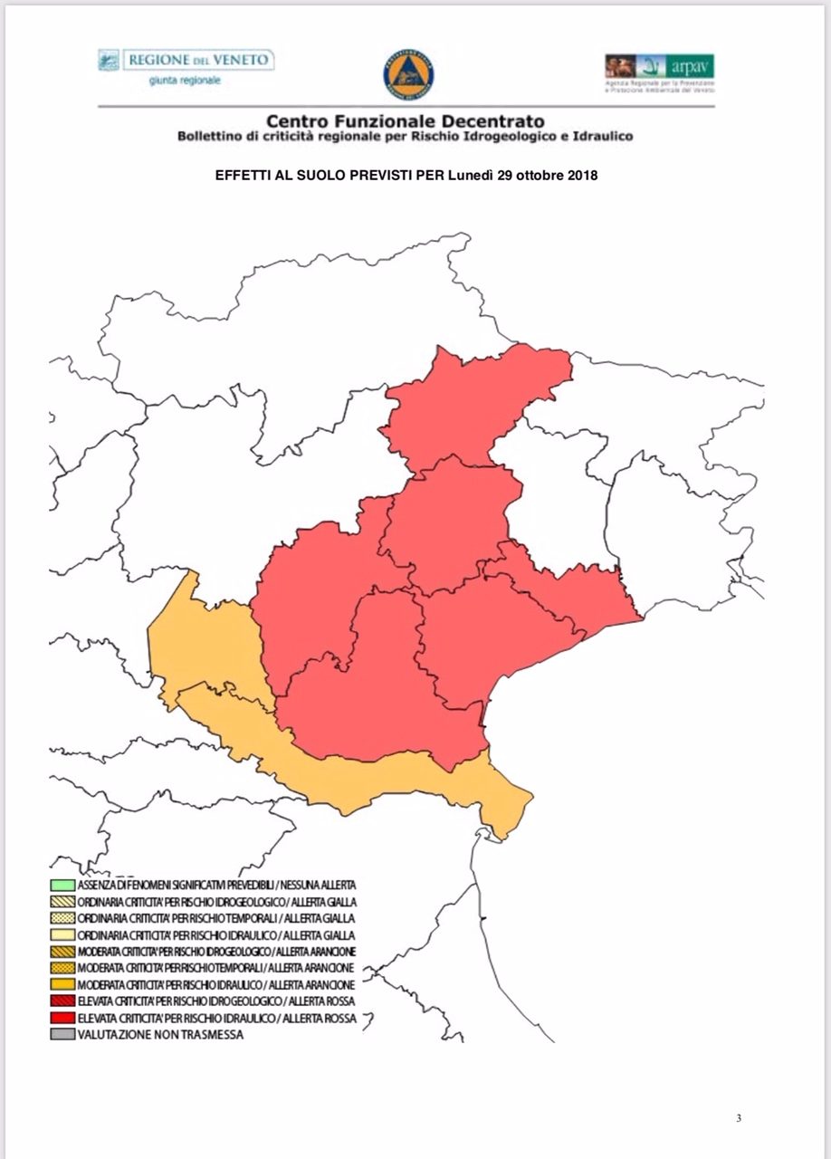 Maltempo allerta rossa su quasi tutto il Veneto