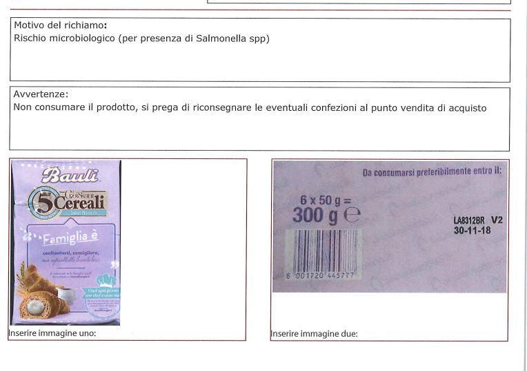 Ritiro croissant Bauli per rischio Salmonella