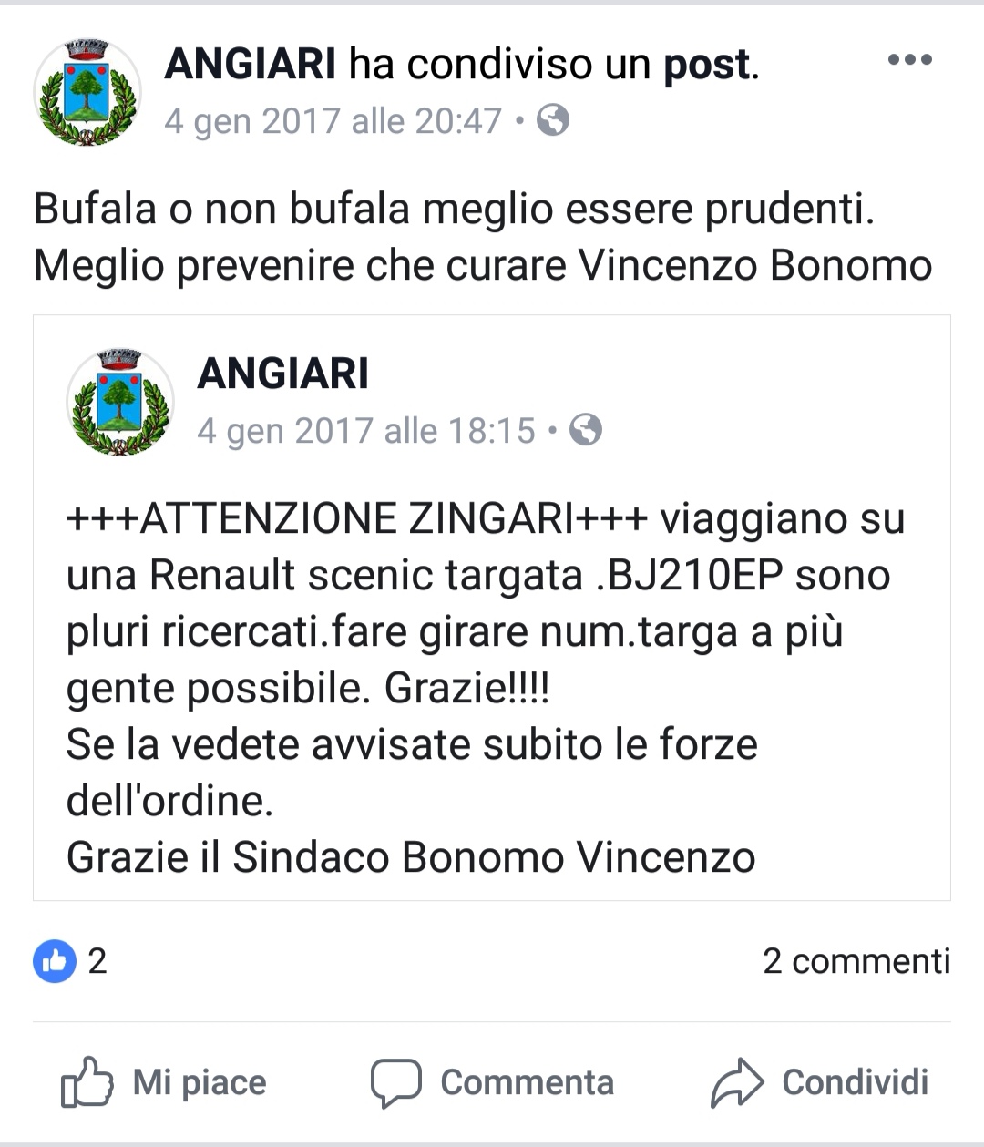 Bufale in rete danneggiato anche il sindaco di Angiari Bonomo