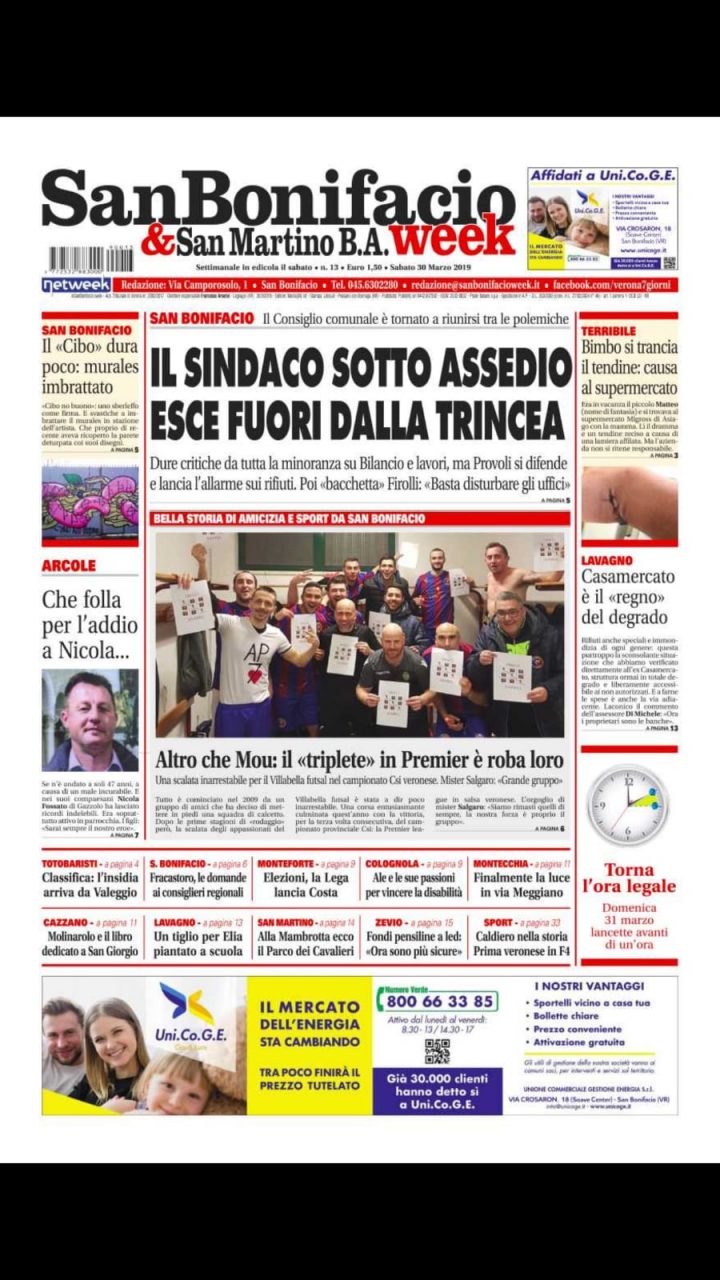 La prima pagina di San Bonifacio e San Martino B.A. Week
