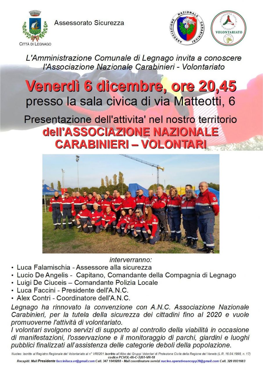 L’Associazione nazionale Carabinieri cerca nuovi volontari a Legnago