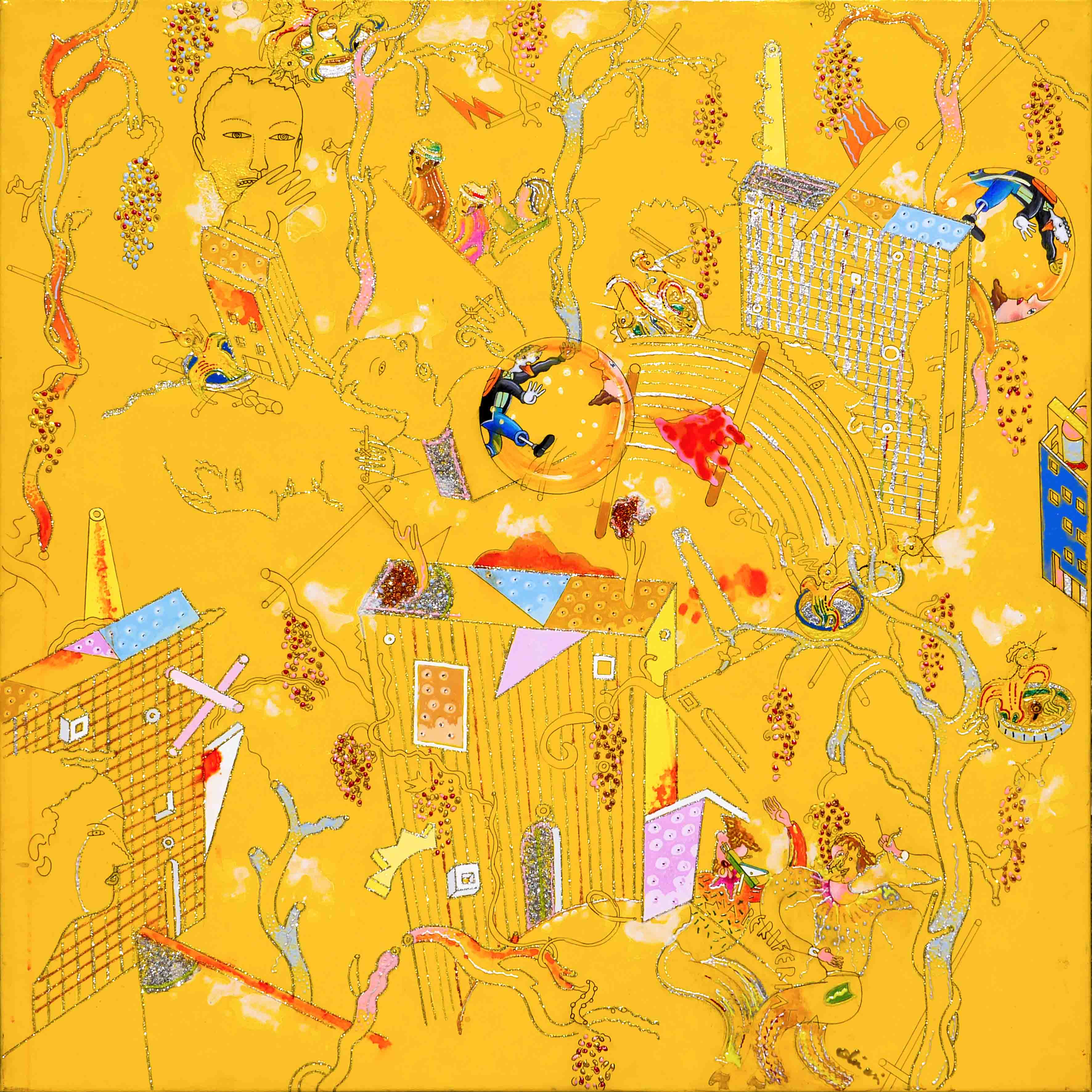 _di cose che poi non accadono__tecnica mista e smalti su tela dentro plexiglass 2018 80x80