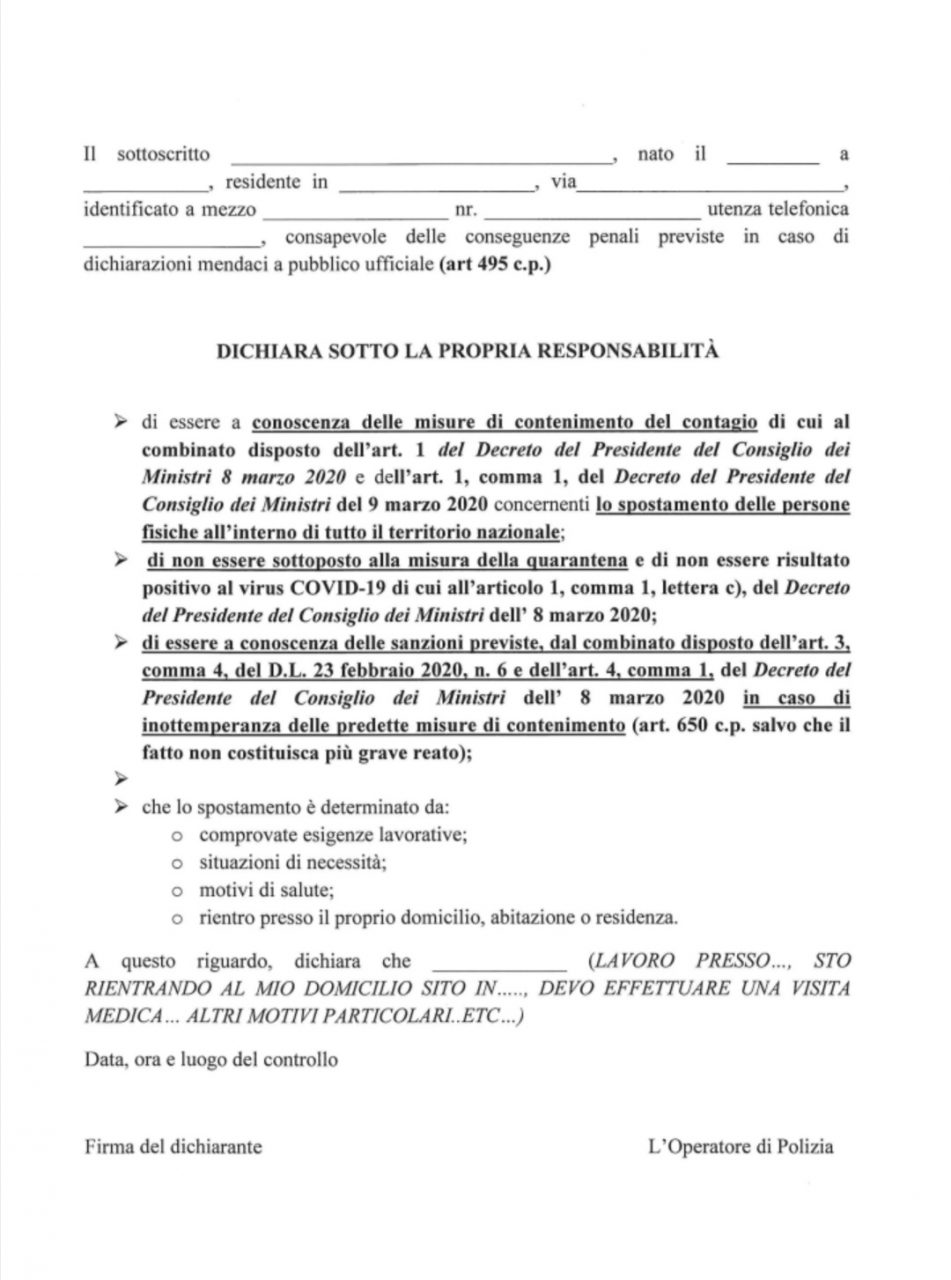 Autocertificazione, il nuovo modulo per dichiarare di non essere positivi al Covid-19