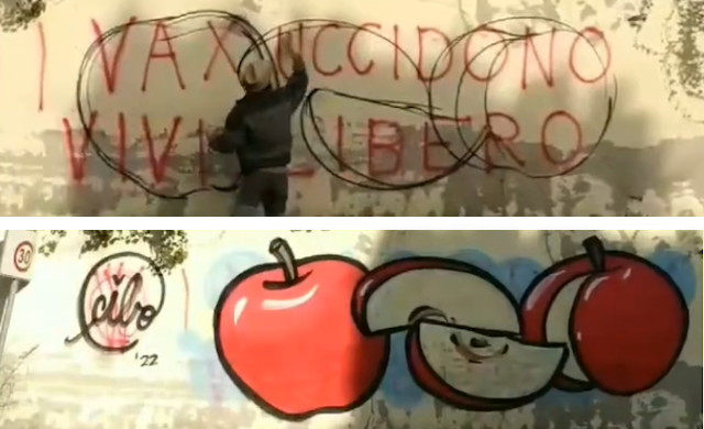 Cibo torna in azione, prima copriva le scritte fasciste con la sua arte ora anche quelle no vax