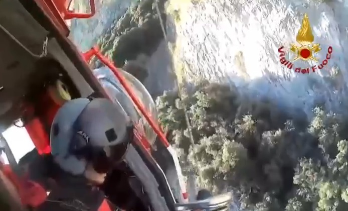 Camoscio impigliato con le zampe in una vecchia corda, salvato dai vigili del fuoco